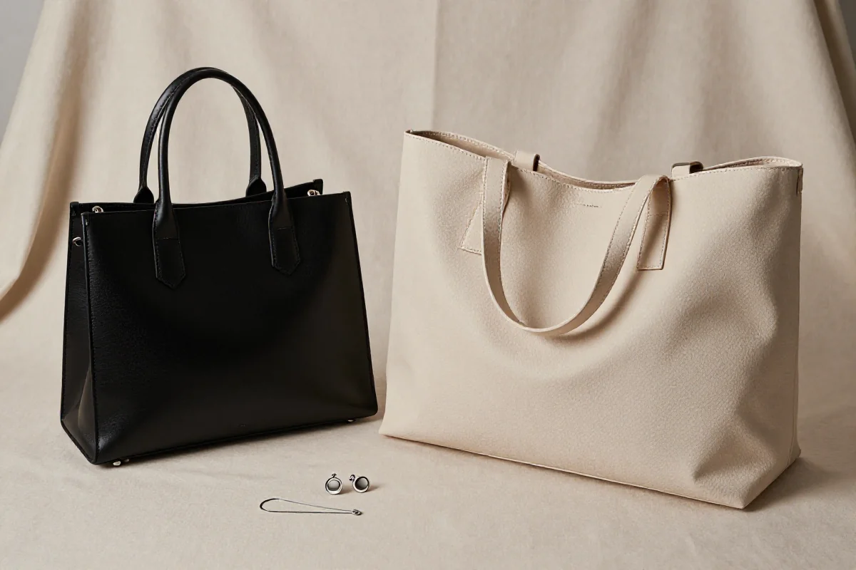 Minimalist dodatki: torebka, biżuteria i szal w neutralnych kolorach.