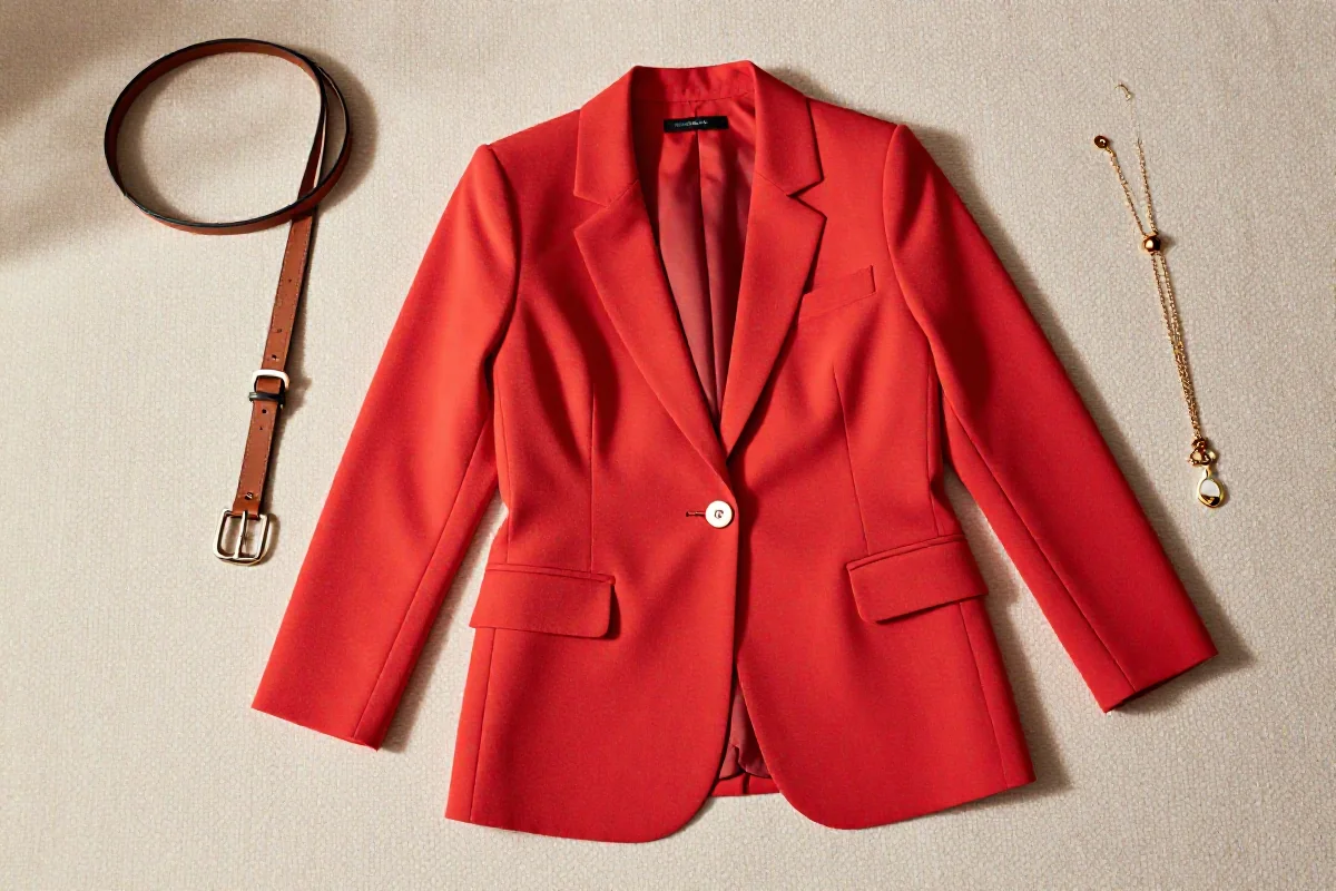 Stylowy układ flat lay z wyrazistą marynarką jako dominant element stylizacji.