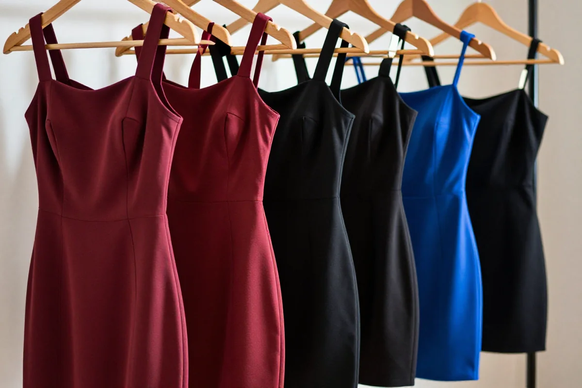 Zbiór dopasowanych sukienek mini na wieszaku, różne kolory i tekstury.