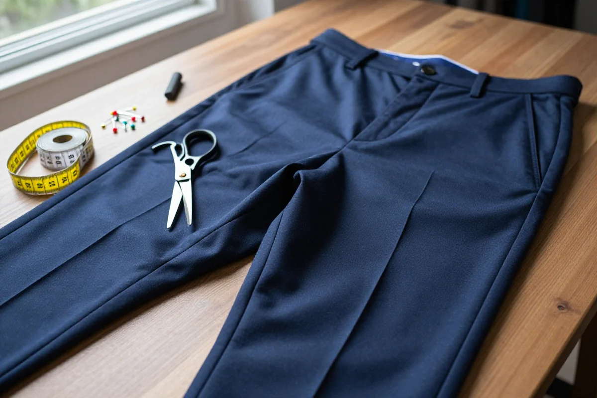 Dopasowanie spodni w biodrach z narzędziami krawieckimi na stole