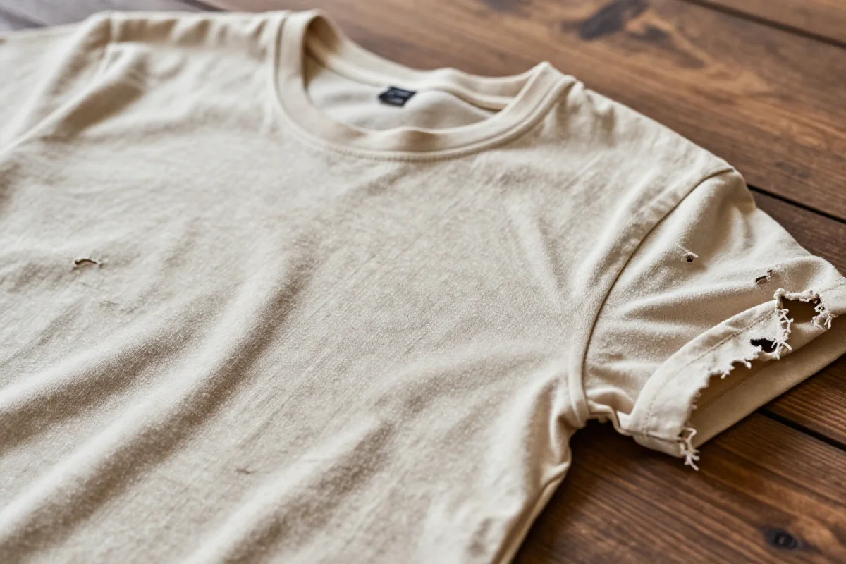 Podrasowana bawełniana koszulka z efektem przetarć na drewnianej powierzchni.