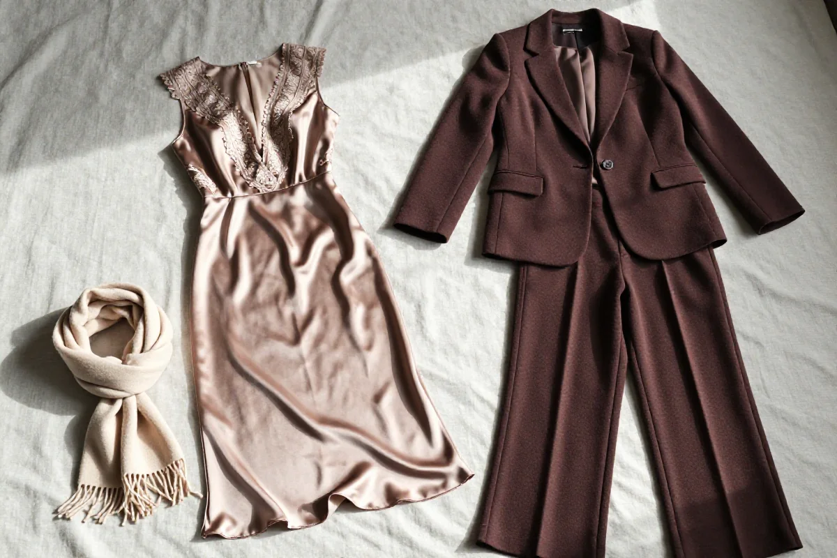 Elegancka moda damska: jedwabna sukienka, kaszmirowy szal i marynarka.