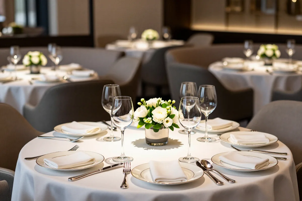 Elegancka kolacja w restauracji z finezyjnym nakryciem stołu i świecami.