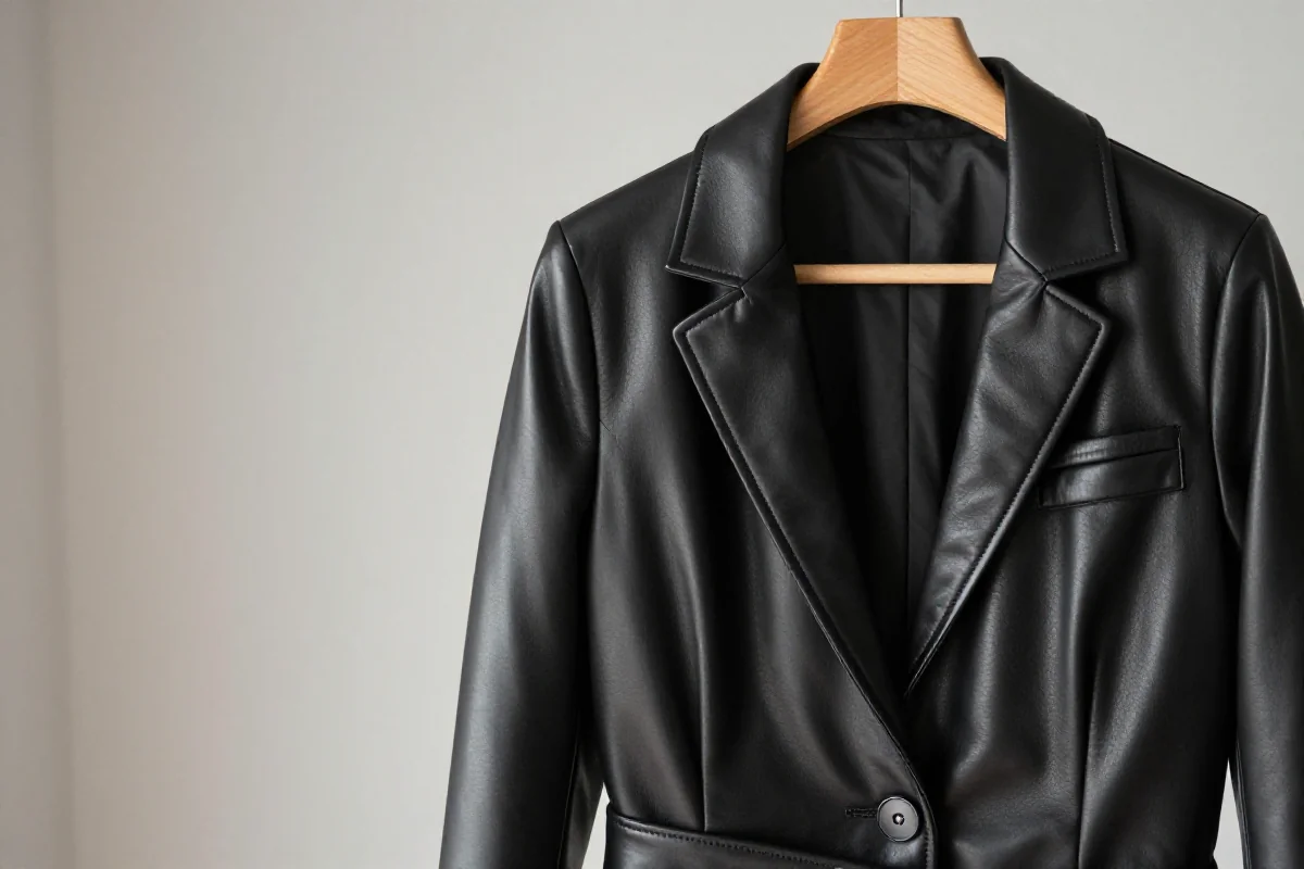 Elegancki skórzany żakiet na wieszaku, podkreślający teksturę i detale.
