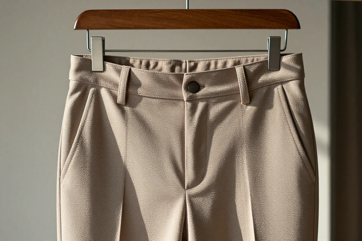 Eleganckie spodnie damskie na wieszaku, podkreślające wysoką jakość materiału.