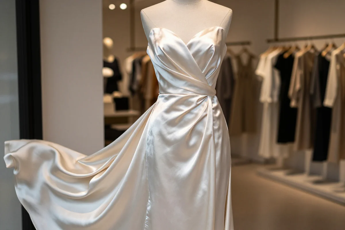 Elegancka sukienka maxi z satyny w butiku, idealna na wieczorowe okazje.