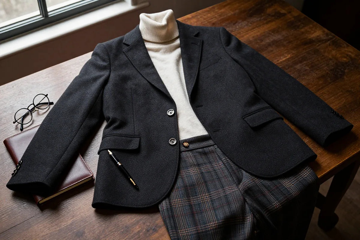 Stylizacja dark academia z eleganckim płaszczem i akcesoriami na drewnianym stole.