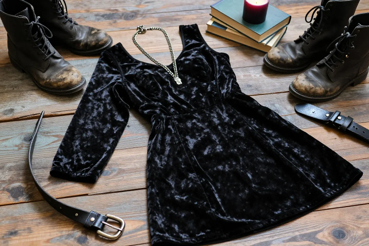 Stylizacja alternatywna z czarną sukienką, książkami i akcesoriami.