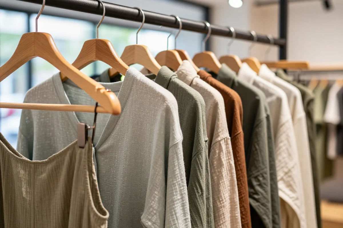 Ekologiczne ubrania na wieszaku w nowoczesnym butiku, zrównoważona moda.