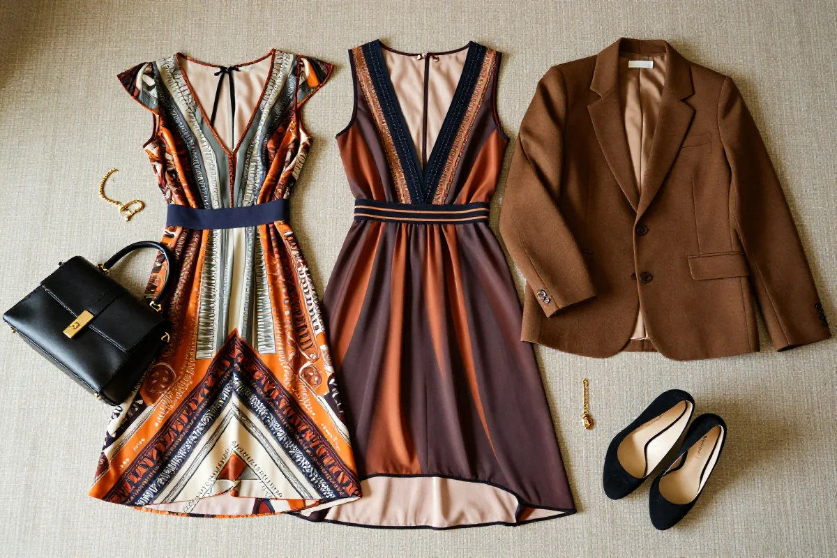 Stylowe ubrania i akcesoria do wynajmu mody na teksturowym tle.