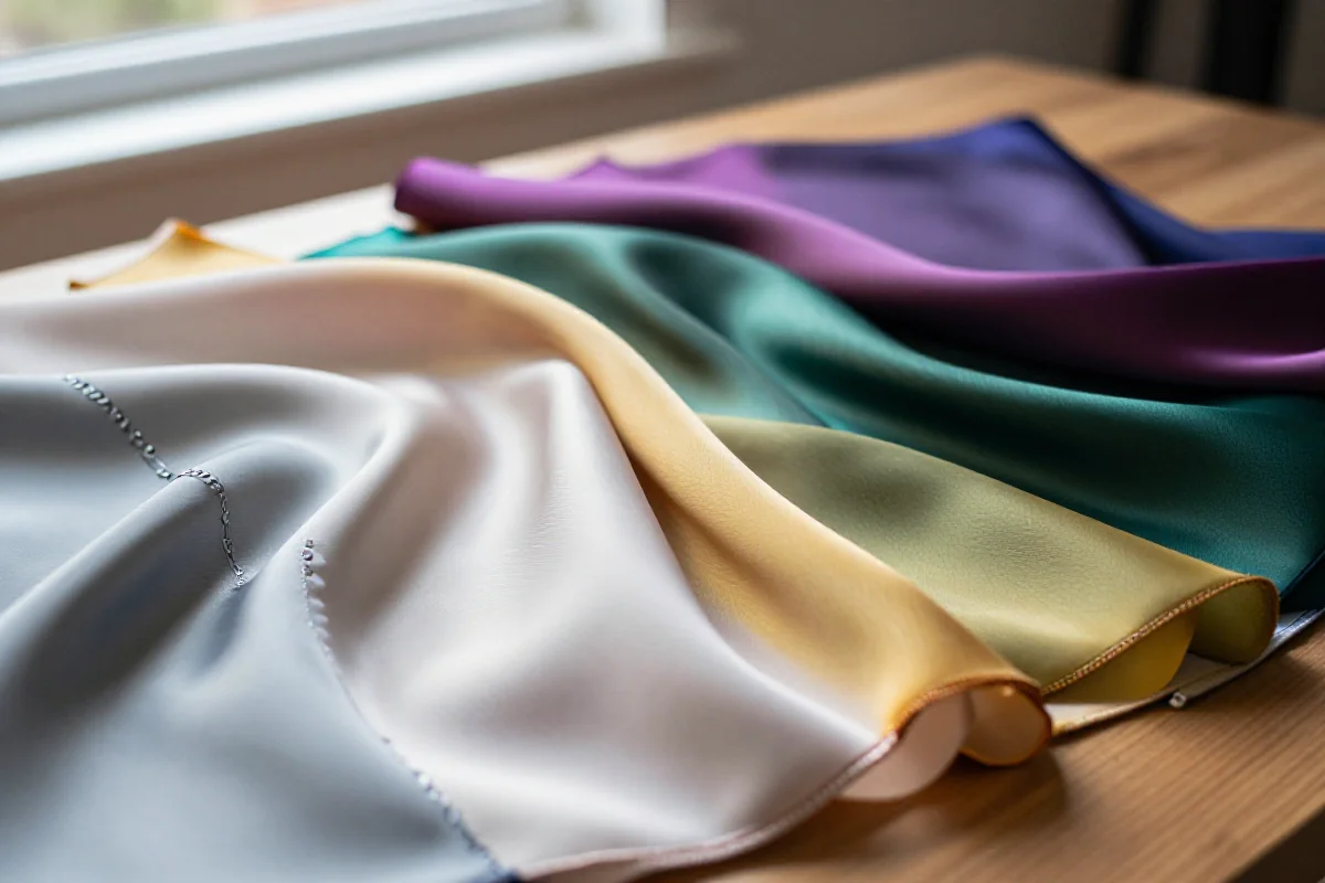 Różnorodne syntetyczne tkaniny w intensywnych kolorach i teksturach.