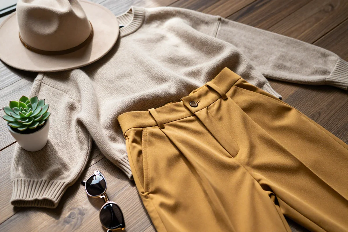 Stylowe ubrania i akcesoria influencerów modowych na drewnianym tle.