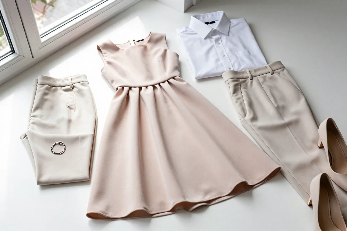 Stylowe ubrania na chrzciny: sukienka koktajlowa, eleganckie spodnie i dodatki.