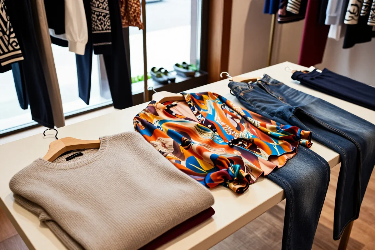 Stylowe ubrania w butiku, różnorodne tkaniny i kolory odzieży.