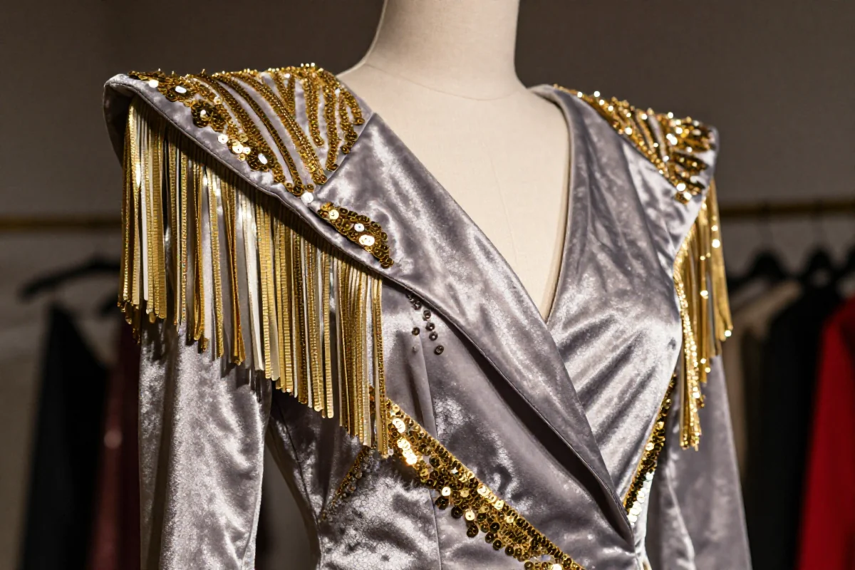 Efektowny kostium glam rock z metalicznymi tkaninami i cekinami.