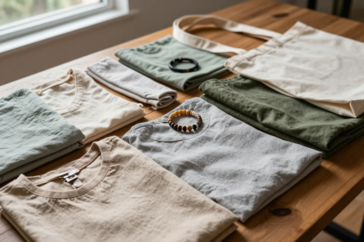 Zrównoważona moda: ekologiczne tkaniny i akcesoria na drewnianym stole.