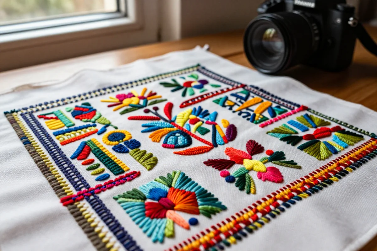 Zbliżenie na haftowane tkaniny z kolorowymi wzorami i detalami.