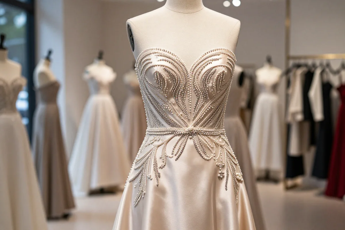 Luksusowa sukienka haute couture w butiku z niezwykłymi detalami.