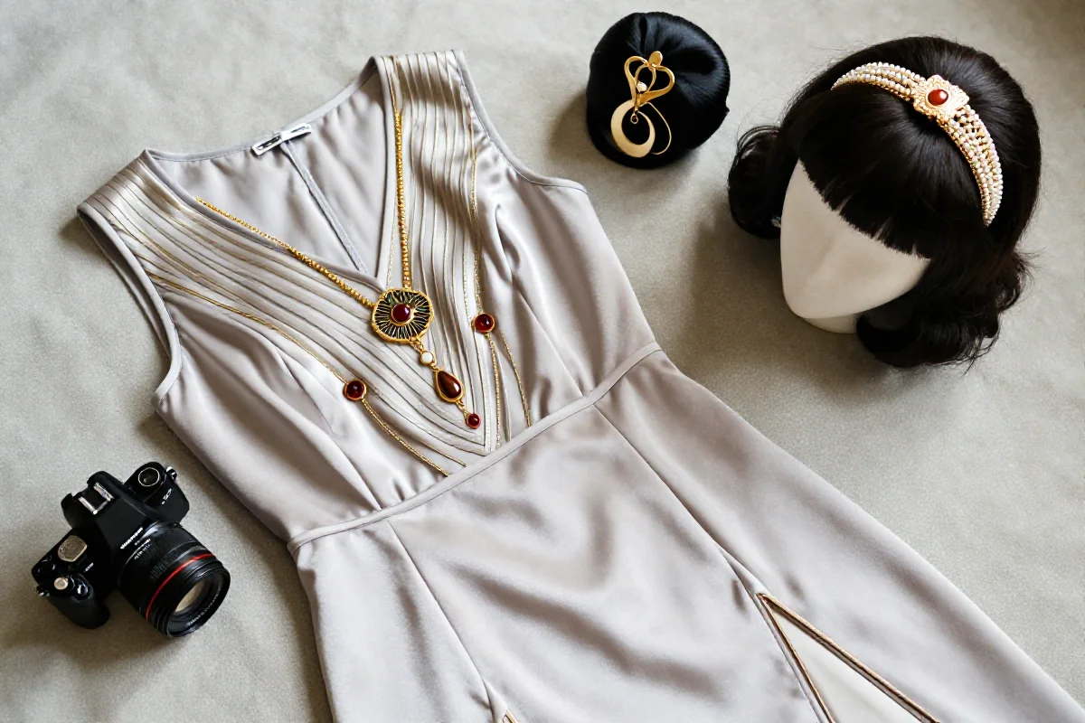 Stylowe elementy mody lat 20. XX wieku: sukienka, biżuteria, akcesoria.