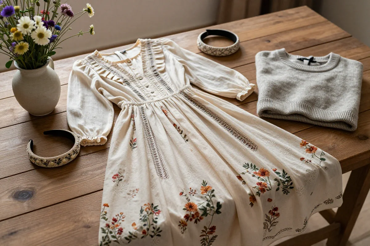 Stylizacja Cottagecore z sukienką midi, bluzką z falbanami i kwiatami.