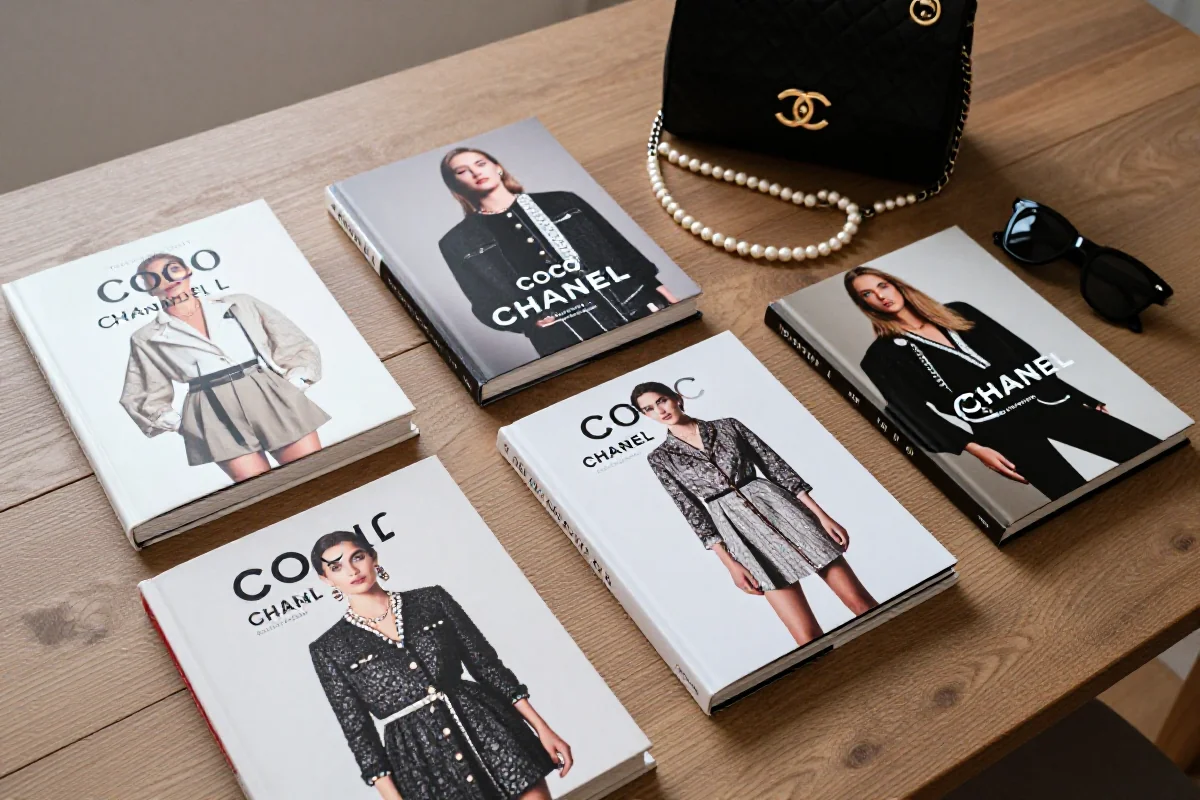 Książki o Coco Chanel i eleganckie akcesoria na drewnianym stole.