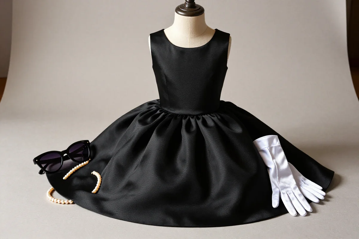 Elegancka mała czarna sukienka w stylu Audrey Hepburn z dodatkami.