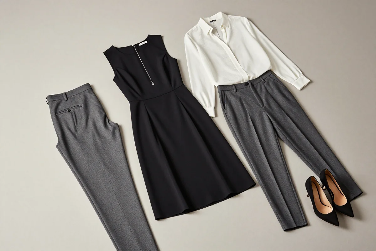 Minimalistyczna elegancka stylizacja z czarną sukienką i szarymi spodniami.