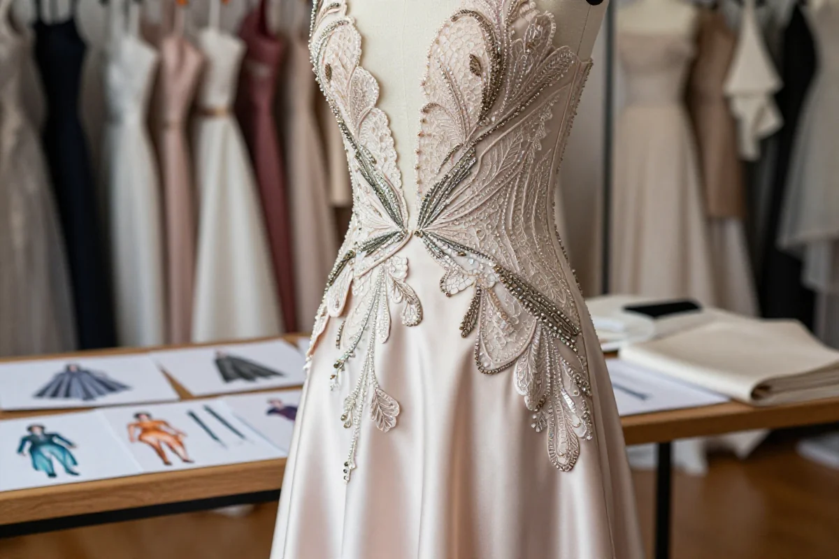 Sukienka haute couture z haftami i koronkami w atelier mody.