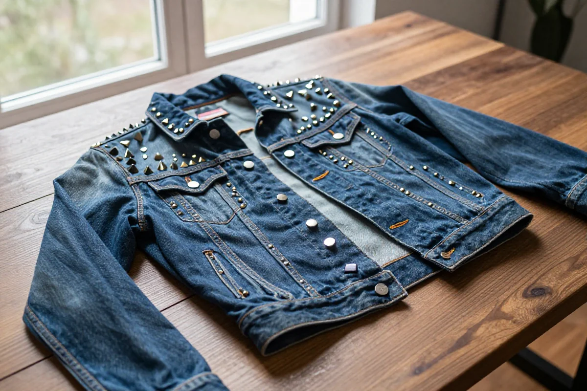 Denim jacket z ćwiekami na drewnianym stole, inspiracja do personalizacji odzieży.