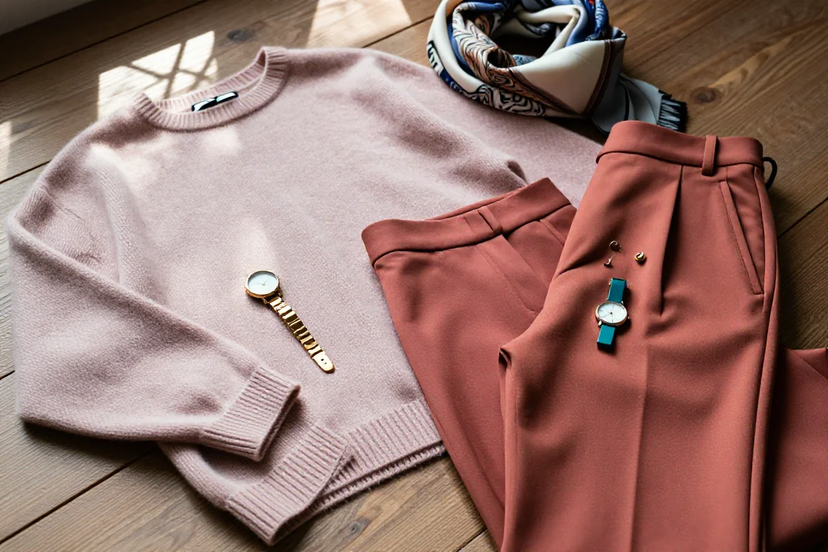 Stylowe dodatki i ubrania w pastelowych kolorach na drewnianym tle.