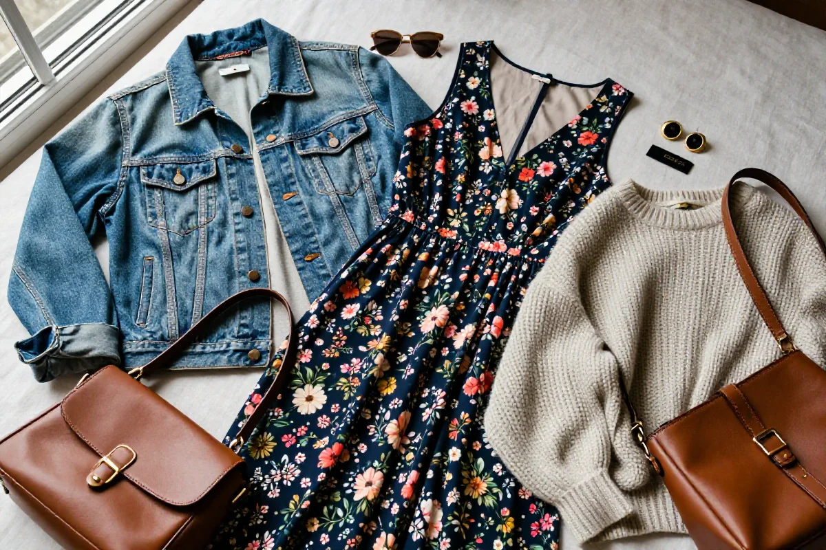 Stylowe ubrania i akcesoria z drugiej ręki na tle tkaniny.