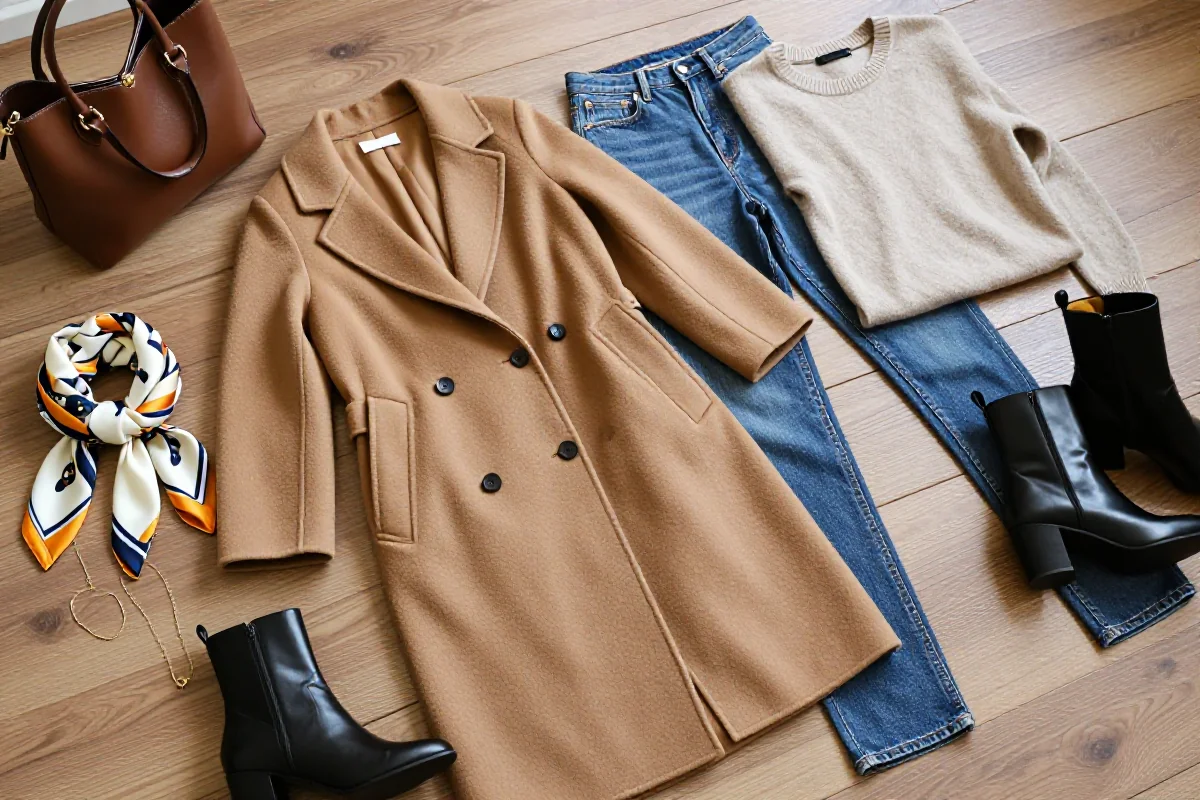 Stylowe ubrania i akcesoria na drewnianym tle, idealne do planowania zakupów odzieżowych.