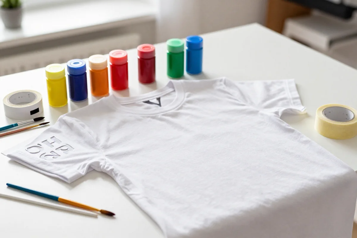 Przygotowane materiały do malowania napisu na koszulce DIY w jasnym otoczeniu.