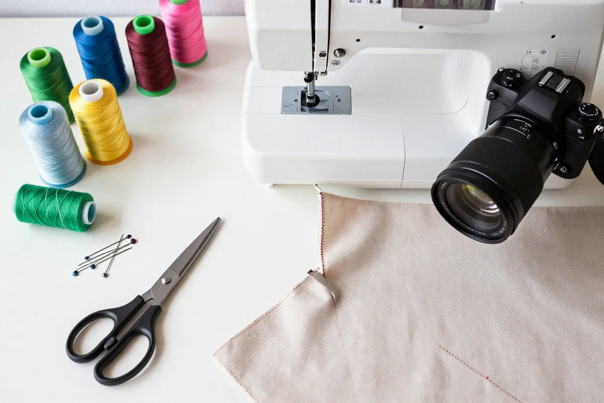 Narzędzia do naprawy odzieży na czystym biurku, w tym maszyna do szycia.