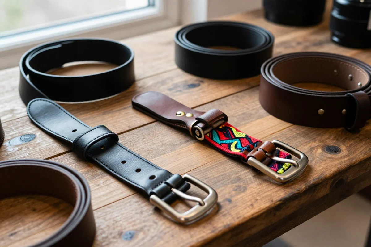 Różne rodzaje pasów na drewnianym stole, skórzane i materiałowe, styl i estetyka.