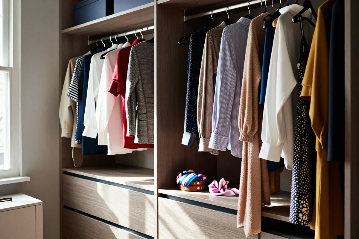 Stylowa garderoba z różnorodnymi ubraniami i akcesoriami w naturalnym świetle.