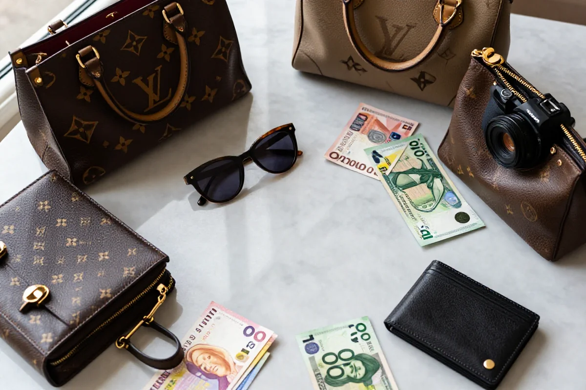 Eleganckie akcesoria zakupowe, torby i waluta w aranżacji na marmurowym blacie.