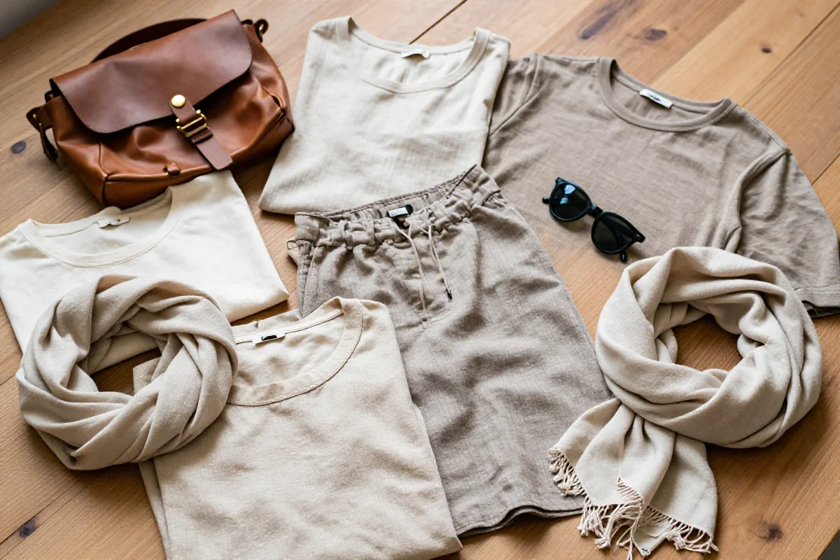 Stylowe ubrania i akcesoria w zrównoważonym stylu na drewnianym tle.