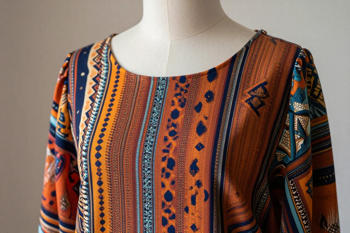 Stylowa bluzka z wyrazistym nadrukiem, optycznie poszerzająca ramiona.