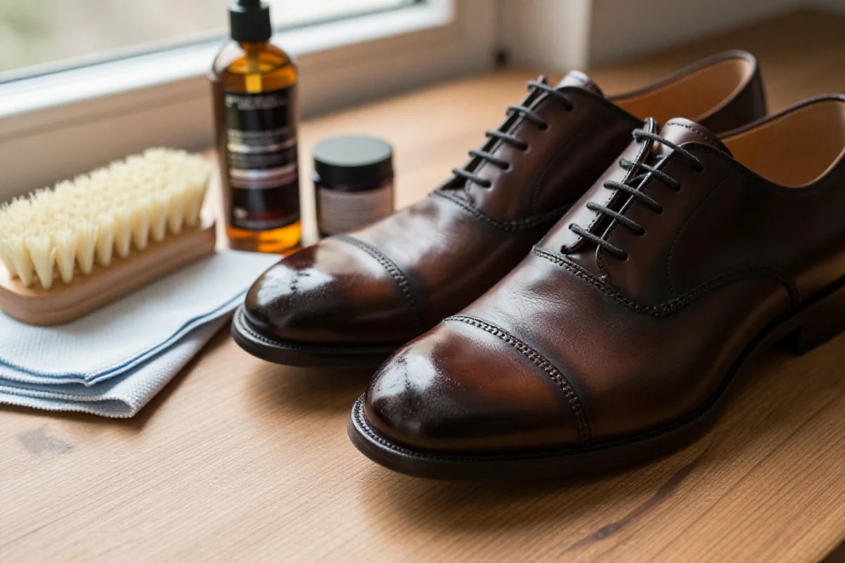 Zbliżenie skórzanych butów męskich z akcesoriami do pielęgnacji na drewnianej powierzchni.