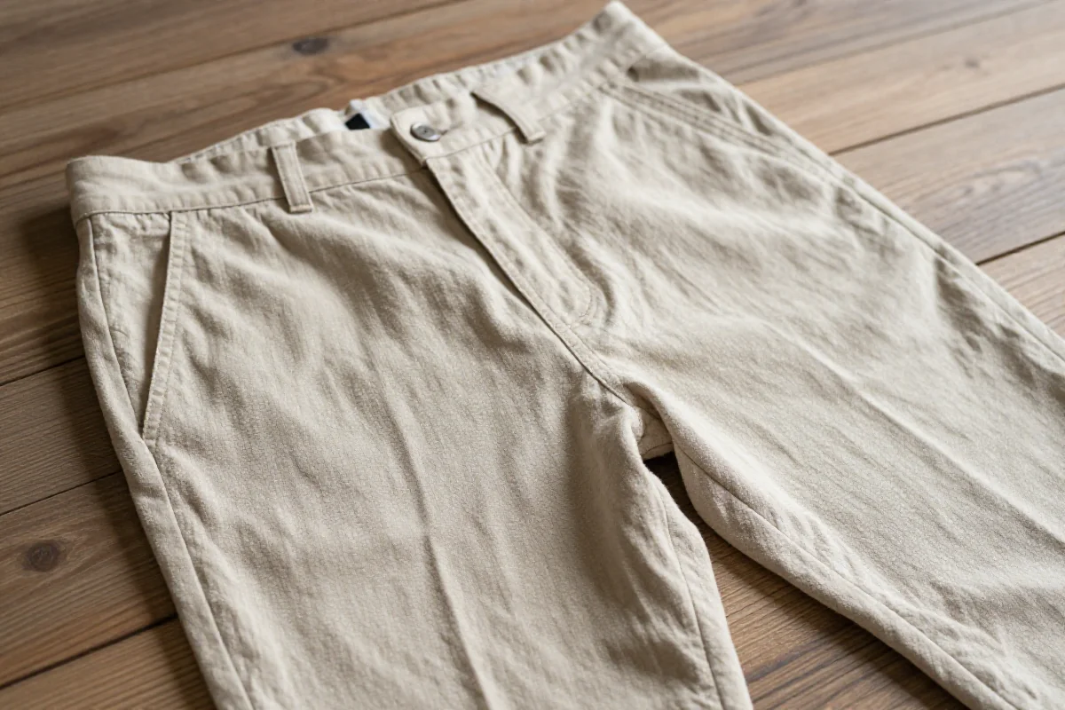 Lniane spodnie na drewnianej powierzchni, podkreślające ich teksturę i naturalny materiał.