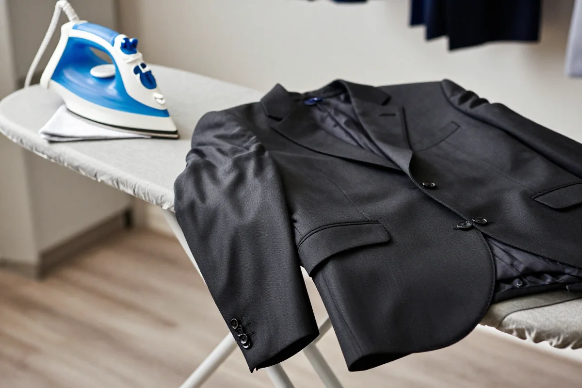 Prasowanie garnituru w domu z użyciem żelazka i deski do prasowania.
