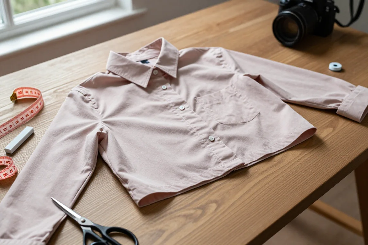 Koszula przerobiona na crop top z narzędziami do szycia na drewnianym stole.