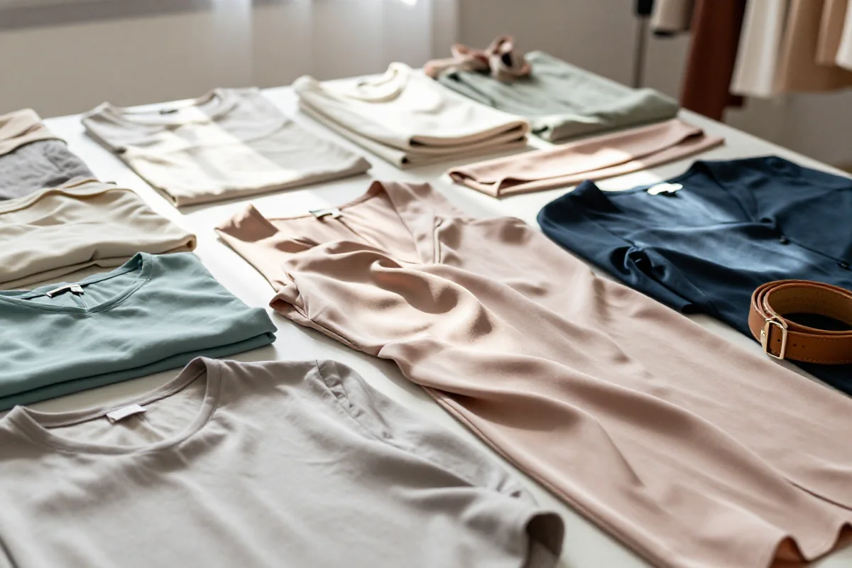 Różnorodne materiały i ubrania do stylizacji różnych typów sylwetek na białym tle.