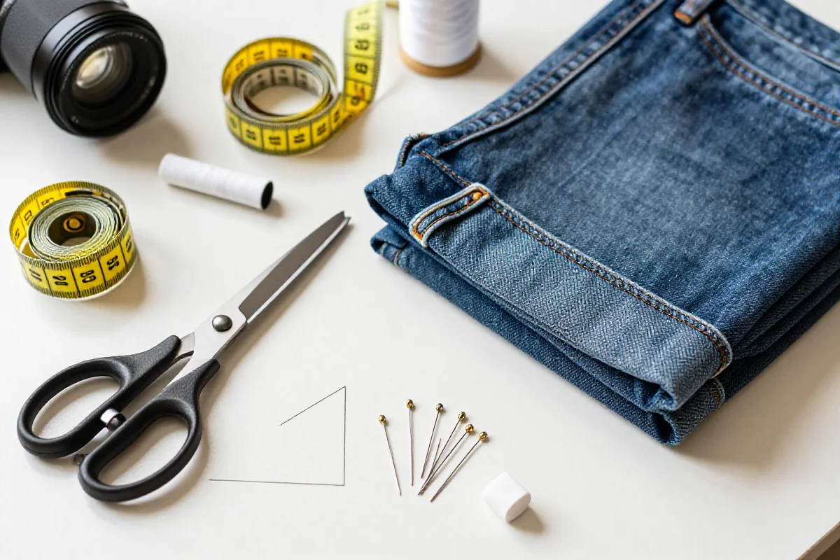 Narzędzia krawieckie i dżinsy na stole do szycia, podkreślające oryginalny rąbek.