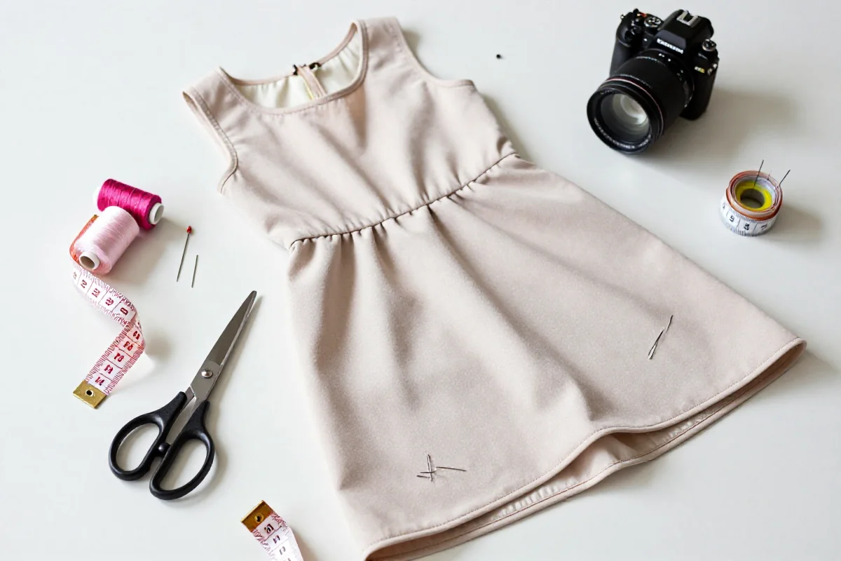Narzędzia krawieckie i sukienka z podszewką na stole do personalizacji.
