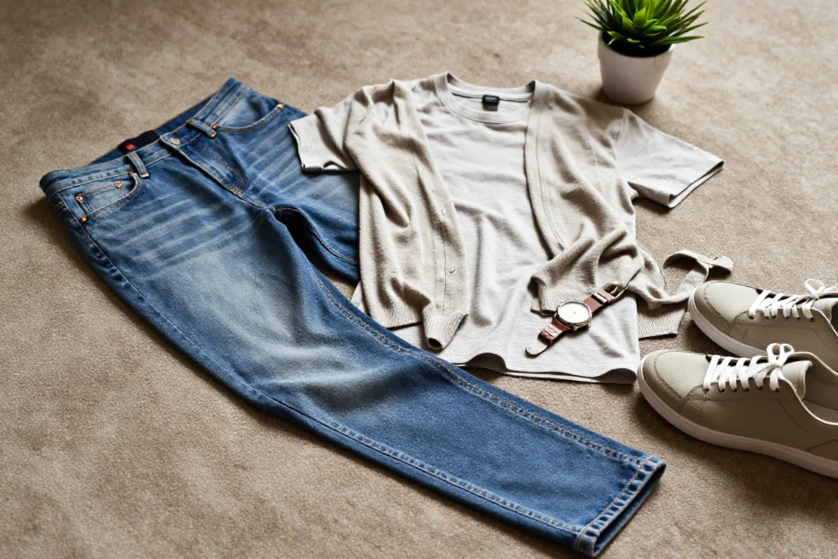 Stylizacja casual na weekend z jeansami i t-shirtem w neutralnym kolorze.