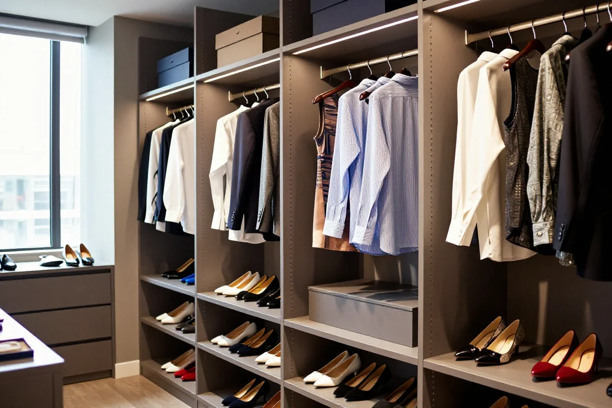 Stylowo urządzona garderobiana z odzieżą i akcesoriami w naturalnym świetle