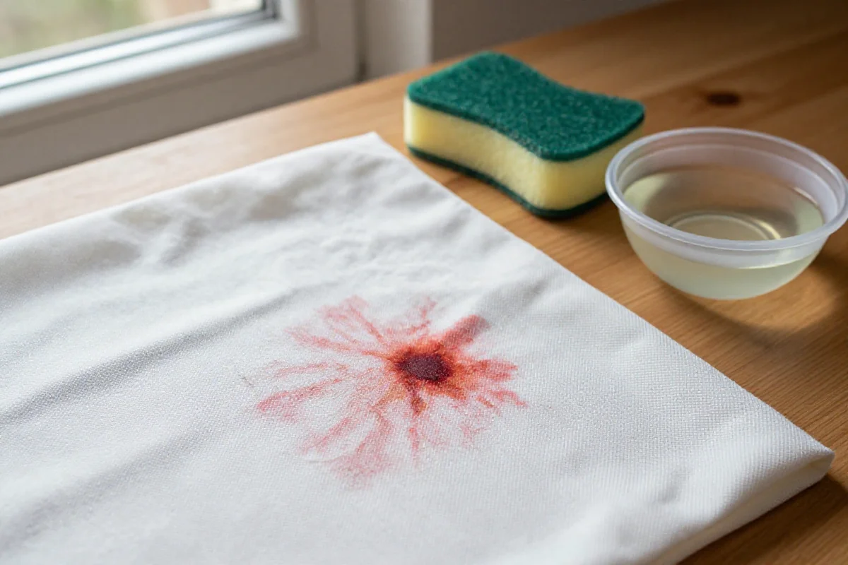 Plama z krwi na białej tkaninie, przygotowania do czyszczenia.