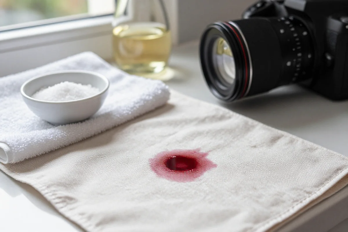 Zbliżenie na plamę z czerwonego wina na tkaninie w kuchni.